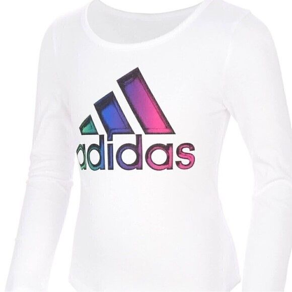 Adidas long sleeve Girls' Scoop Neck Graphic Tee white, long sleeve shirt size 6 - Picture 1 of 4